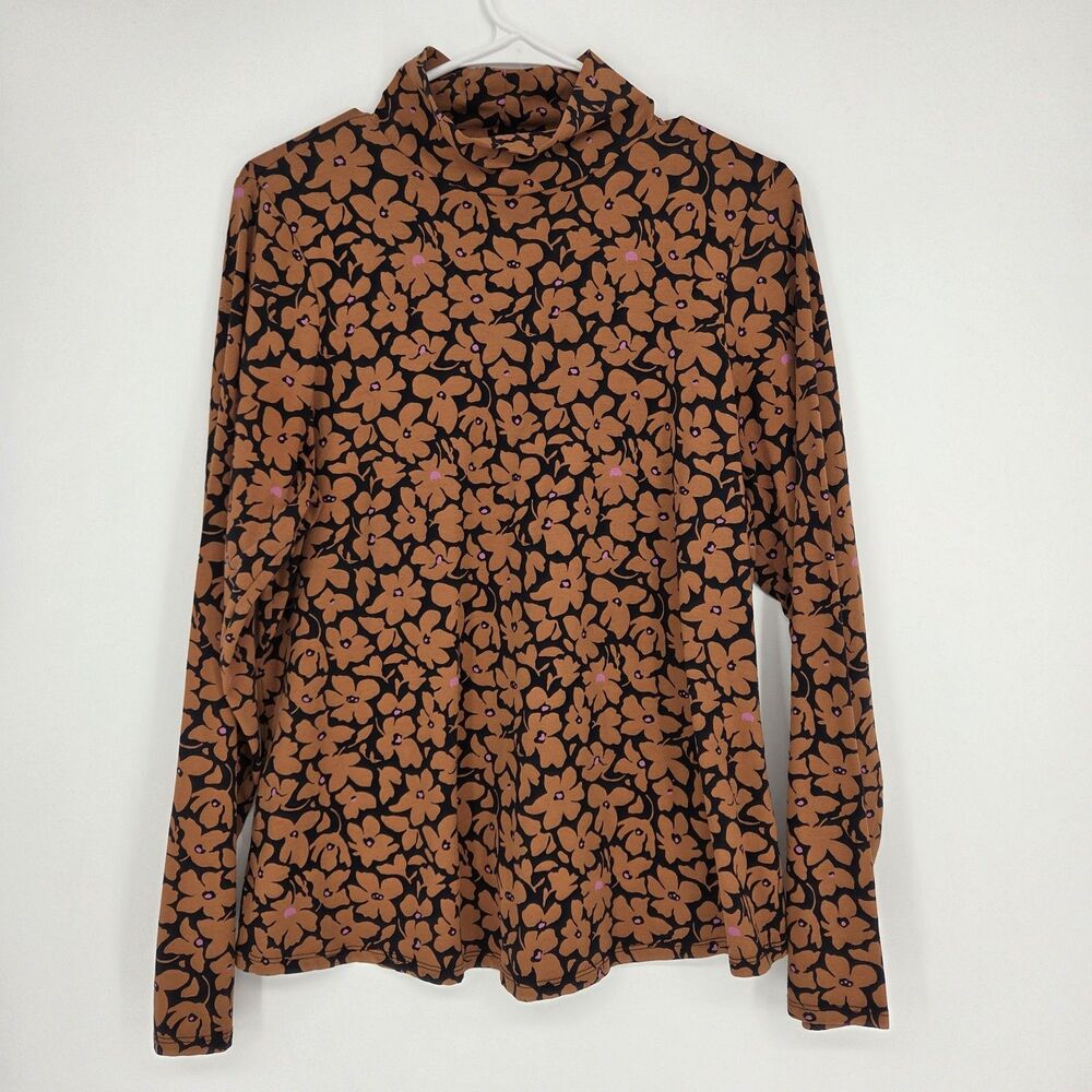 Maeve by Anthropologie Womens Brown Floral Turtle Neck Long Sleeve Top Size 1X